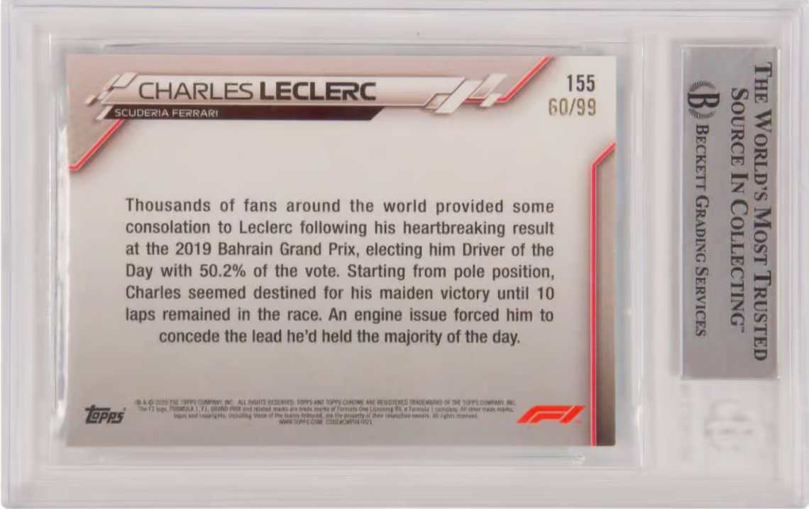 Charles Leclerc Signed 2020 Topps Chrome Formula 1 Aqua /99 – BGS Authentic